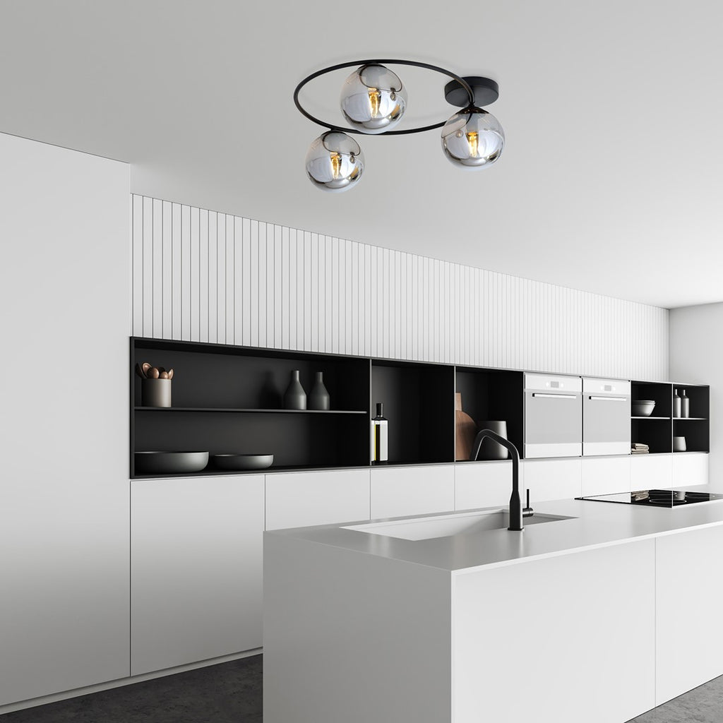 Plafondlamp Sopra gepoedercoat staal en glas, minimalistisch, zwart met grafiet glazen kappen, 3 lichtpunten, E14