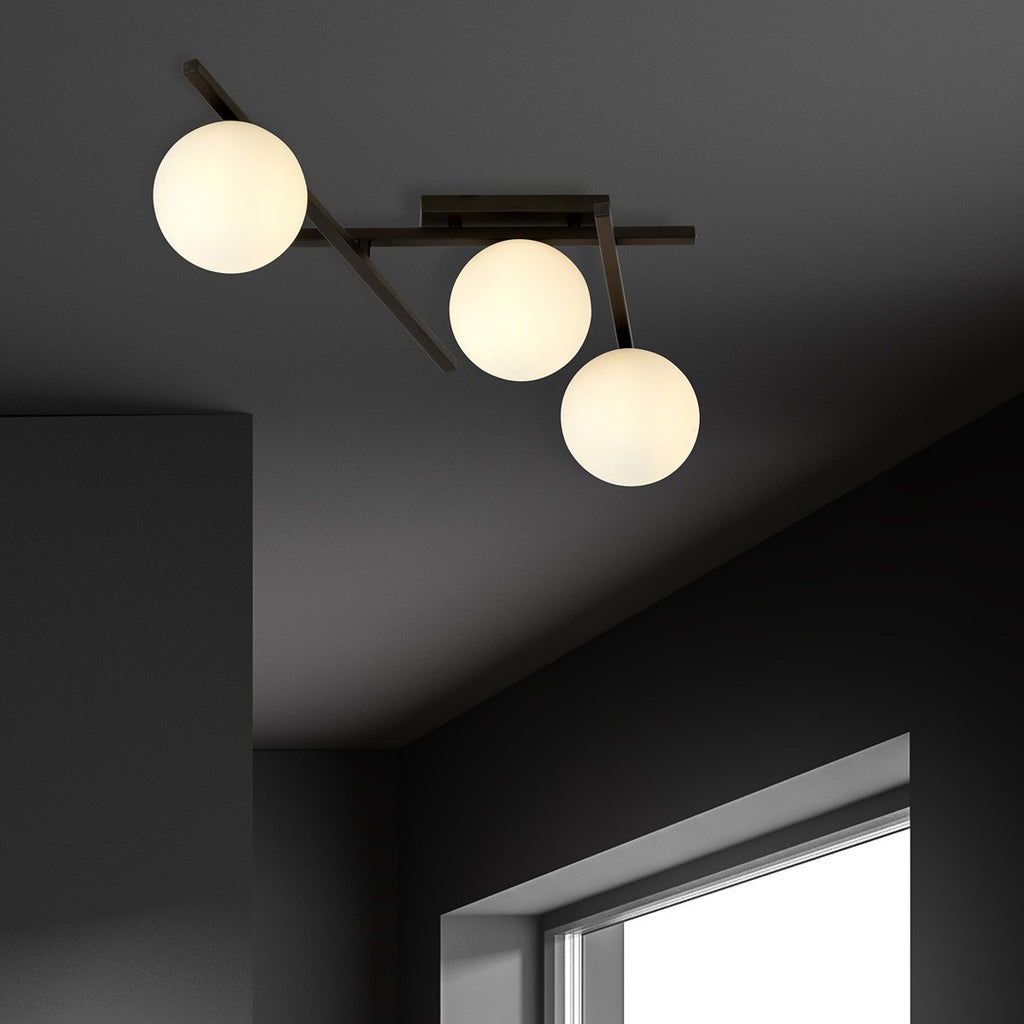 Plafondlamp gepoedercoat staal en glas, modern Smart 3 zwart met witte kappen, 3 x E14, 51 cm breed