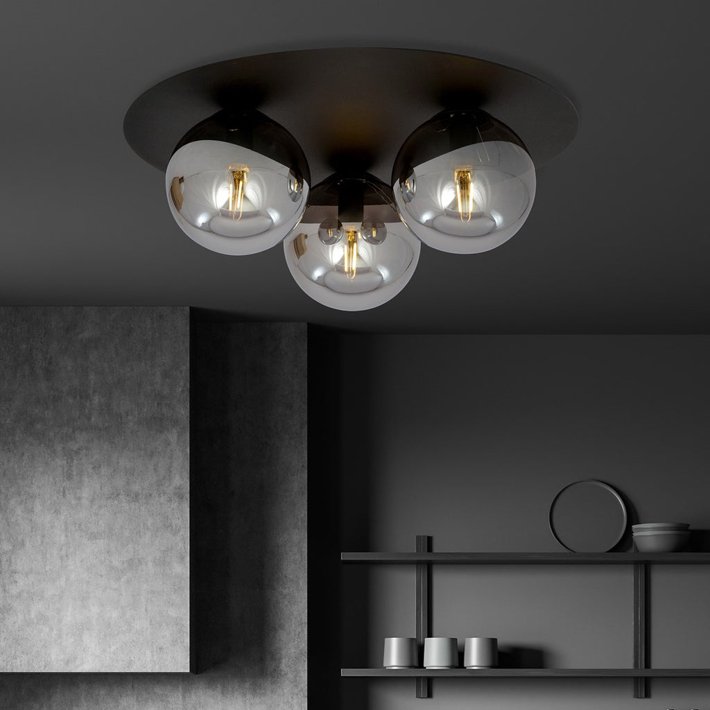 Plafondlamp gepoedercoat staal Solar zwart met grafiet glas, 3 fittingen E14, 43 x 19 cm