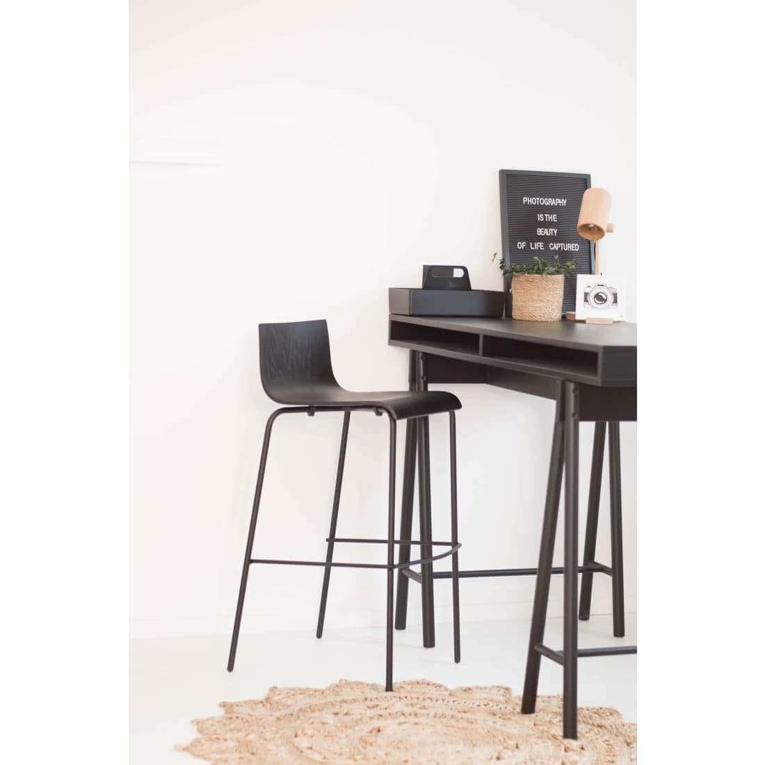 Barkruk eiken zwart met voetsteun, zithoogte 78 cm – 51 x 53 x 97 cm, stapelbaar, keuken en bar