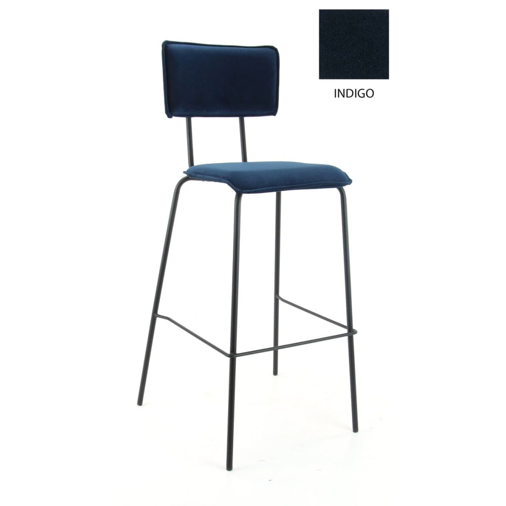 Barkruk hoog Bo fluweel gerecycled indigo blauw met zwart stalen onderstel, H 112 x B 38 x D 38 cm