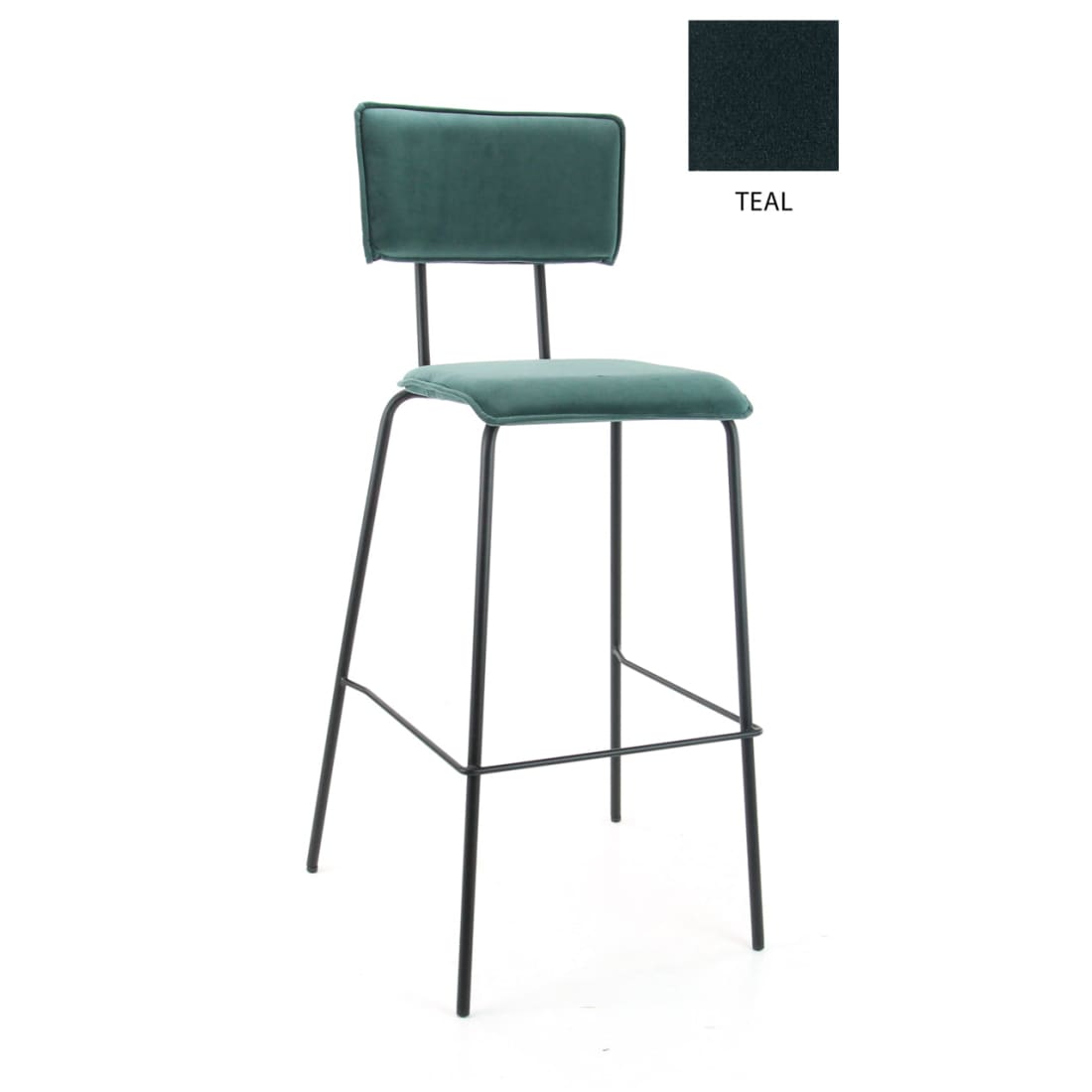 Barkruk fluweel Bo teal met zwart stalen onderstel, zithoogte 76,5 cm – H 112 x B 38 x D 38 cm