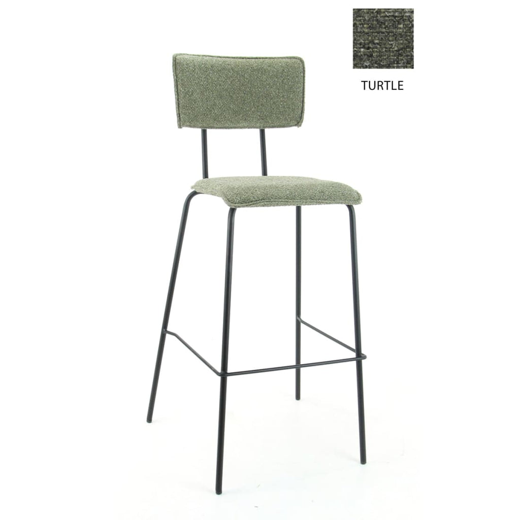 Barkruk bouclé groen met zwart stalen onderstel, model Bo Society – H 112 x B 38 x D 38 cm, zithoogte 76,5 cm