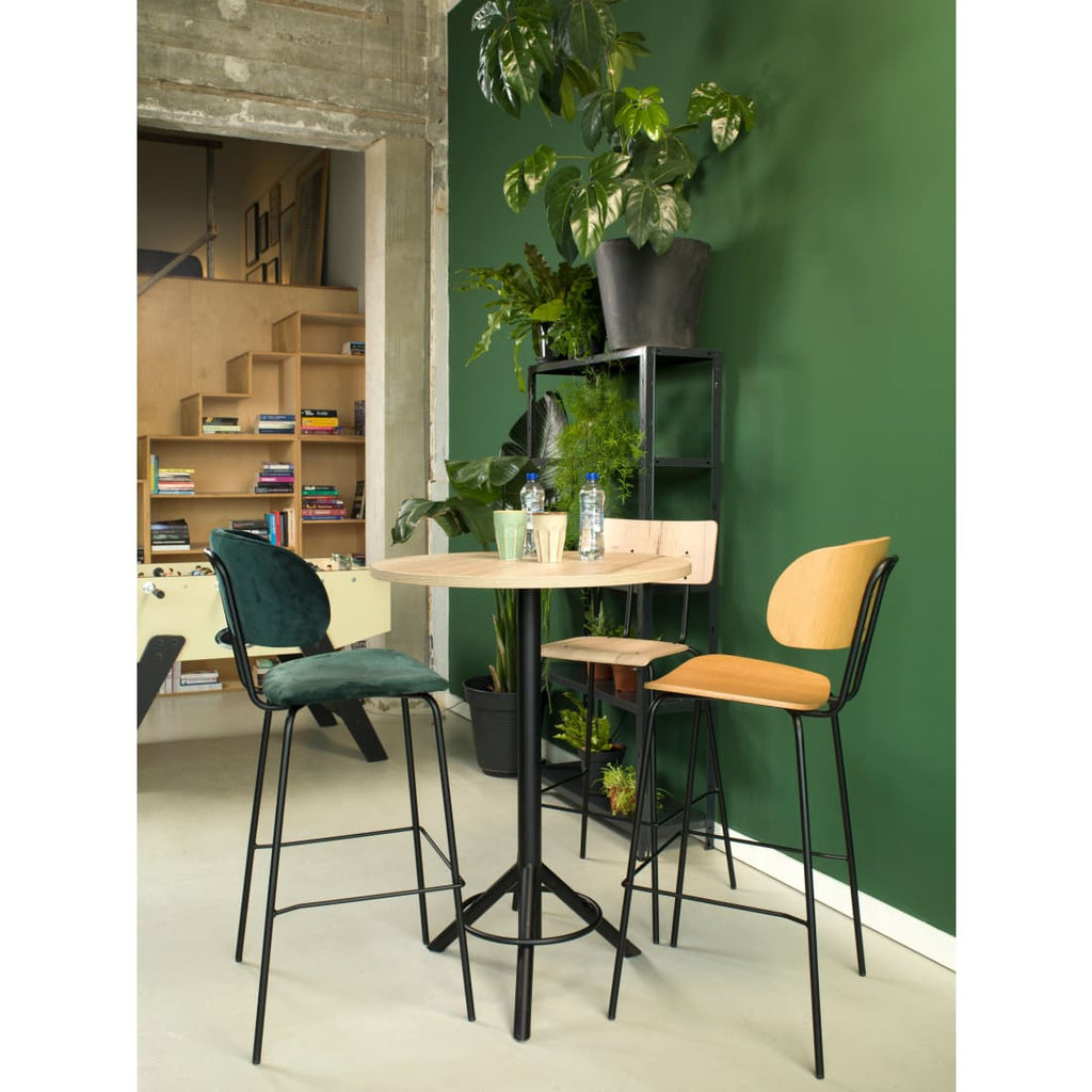 Barkruk bouclé mosterd Society Bo, zwart metalen onderstel, zithoogte 82 cm – 112 x 57 x 57,5 cm