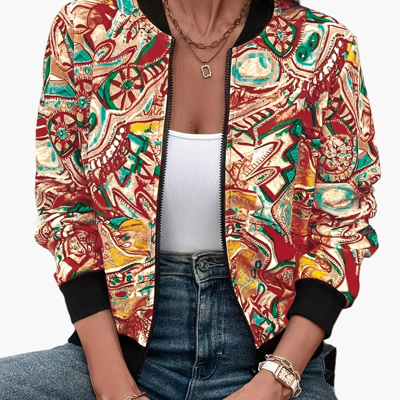 Women's bomber jacket with cartoon print for leisure and vacation