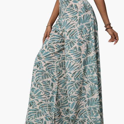 Women's Wide Summer Pants with Tropical Leaf Pattern – Fashionable Palazzo Pants for Beach and Leisure