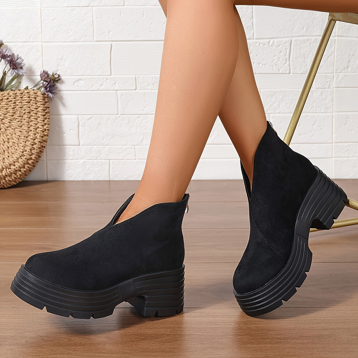 Damen Plateaustiefeletten mit Blockabsatz Schwarz