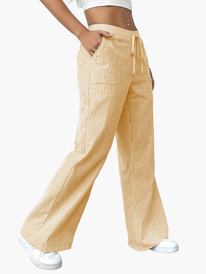 Women's Wide Casual Pants with Stripes and Drawstring – Casual Street Style for Everyday and Leisure
