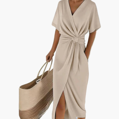 Women's Summer Wrap Dress with Knot Detail and V-Neck – Elegant Vintage Beach Dress