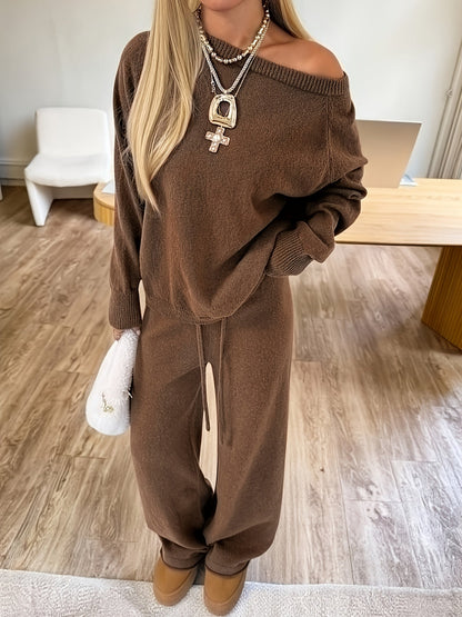 Damen Loungewear Set Braun mit Rundhals-Pullover & Weite Hose