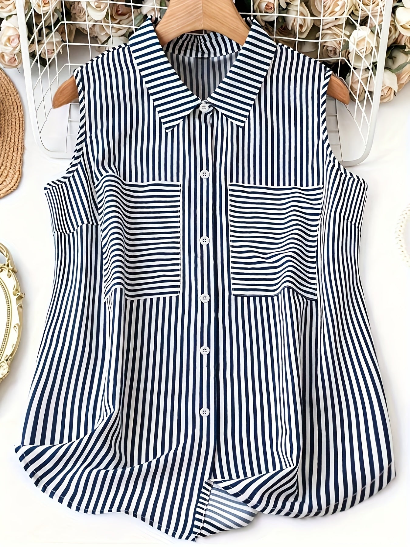 Damen ärmellose gestreifte Bluse im eleganten Polo-Stil für Büro und Freizeit