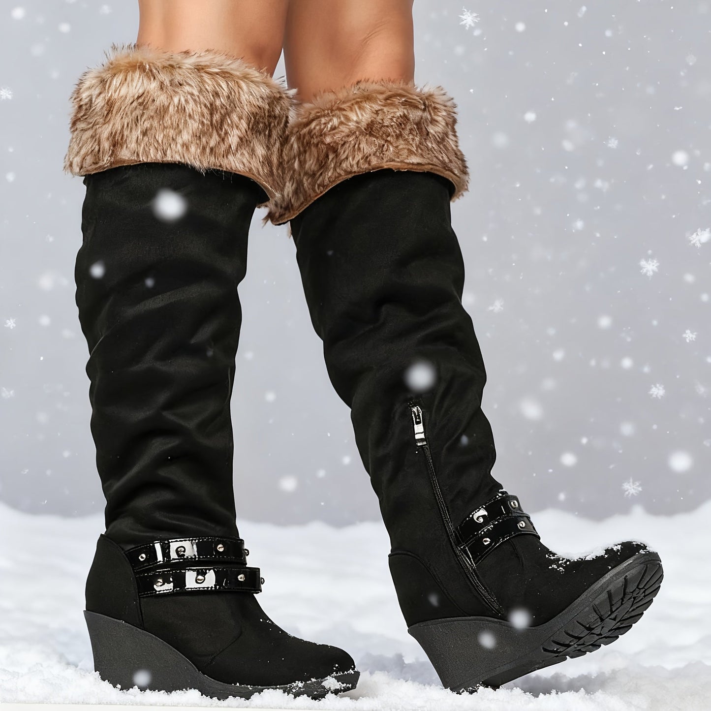 Women's wedge boots with faux-fur trim and buckles