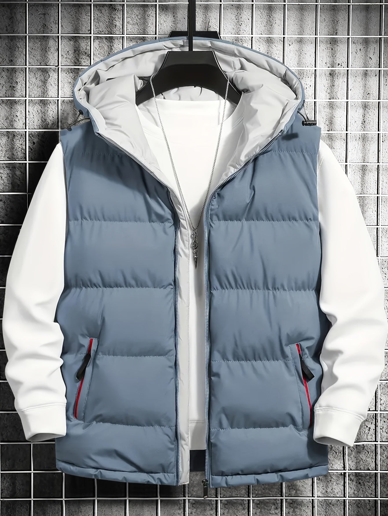 Men's quilted vest with hood, zipper & pockets, padded, black