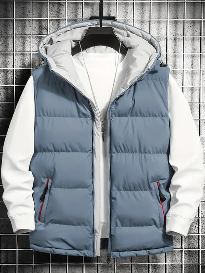 Men's quilted vest with hood, zipper & pockets, padded, black