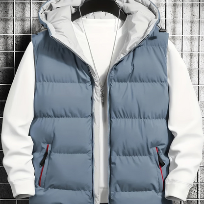 Men's quilted vest with hood, zipper & pockets, padded, black