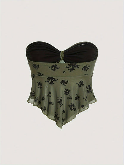Women's Bandeau Top with Tie Knot and Floral Pattern – Elegant Summer Top for Going Out and Leisure