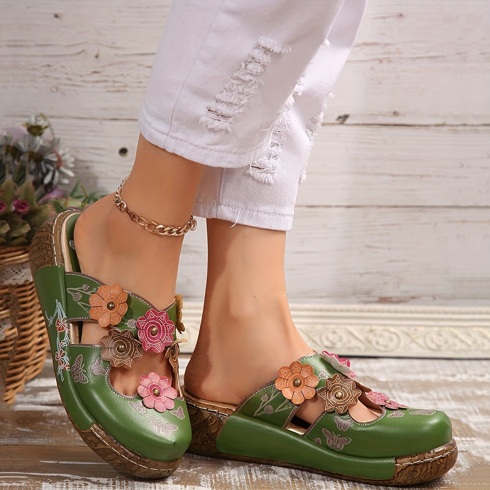 Women's Comfortable Wedge Heel Clogs with Flower Appliqué – Casual Boho Slip-On Shoes
