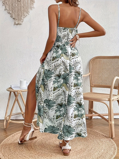 Women's Summer Maxi Dress Elegant with Floral Pattern, Spaghetti Straps, Perfect for Vacation & Leisure