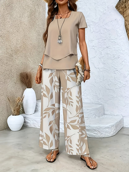 Women's Elegant Two-Piece Set with Short-Sleeve Shirt and Wide-Leg Pants, Floral, Perfect for Everyday and Vacation