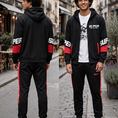 Men's sports tracksuit with a zip-up hooded jacket and striped joggers