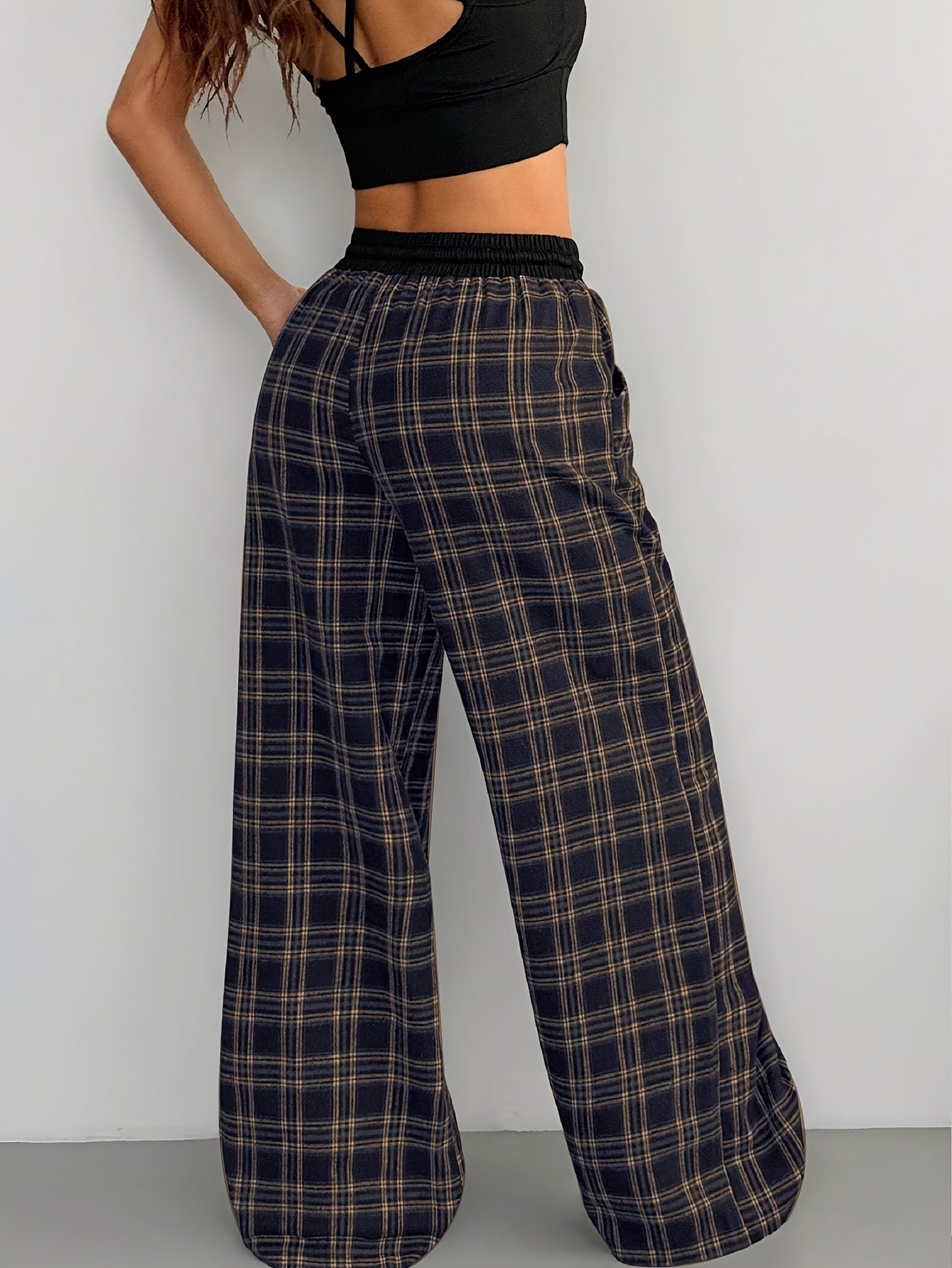 Damen Weitbeinige Karierte Freizeithose mit Kordelzug – Lässige Loungehose für Alltag und Wochenende