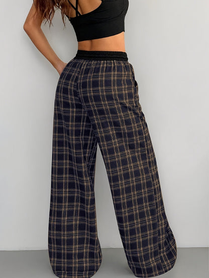 Damen Weitbeinige Karierte Freizeithose mit Kordelzug – Lässige Loungehose für Alltag und Wochenende