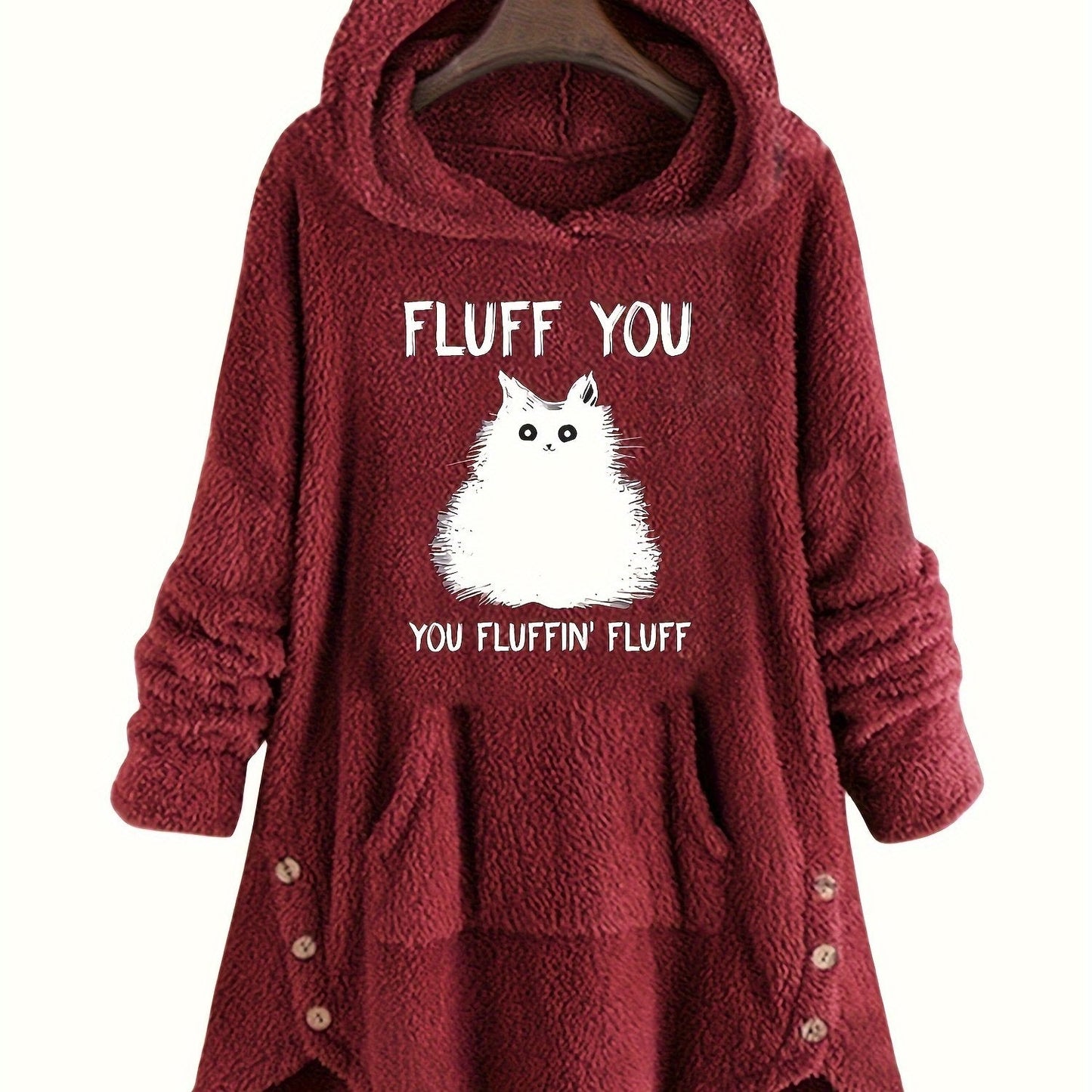 Women's plush hoodie with cat print and button placket