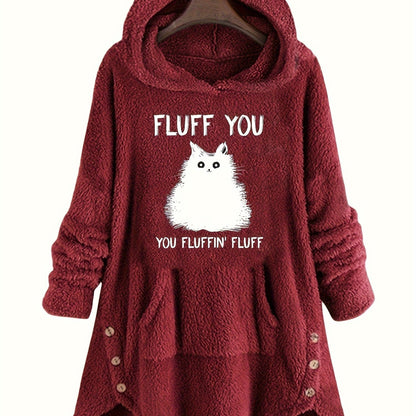 Women's plush hoodie with cat print and button placket