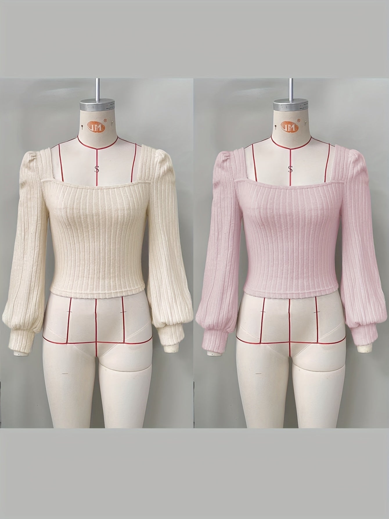 Geripptes Damen Crop-Top mit Puffärmeln und eckigem Ausschnitt