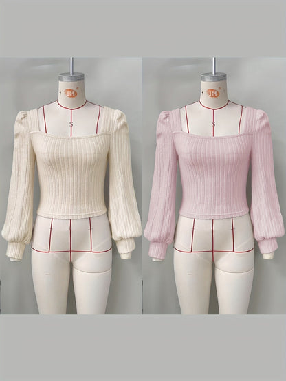 Geripptes Damen Crop-Top mit Puffärmeln und eckigem Ausschnitt