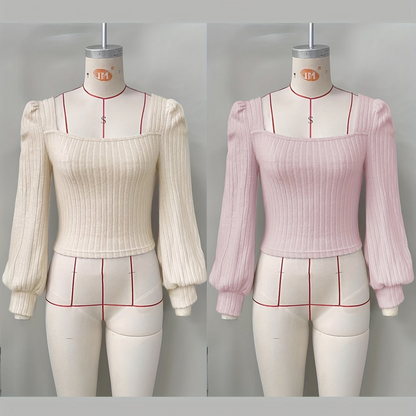 Geripptes Damen Crop-Top mit Puffärmeln und eckigem Ausschnitt