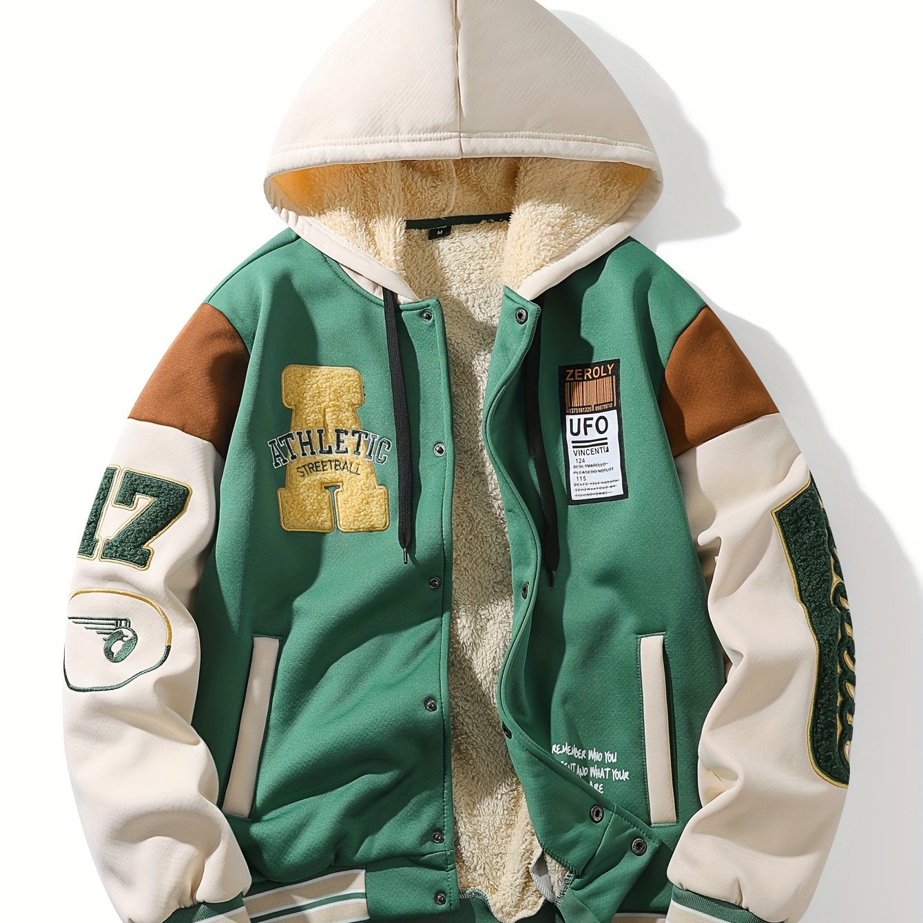 Unisex college-style hooded jacket in green and beige with fleece lining