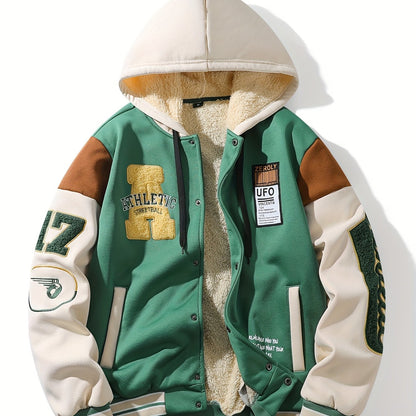 Unisex college-style hooded jacket in green and beige with fleece lining