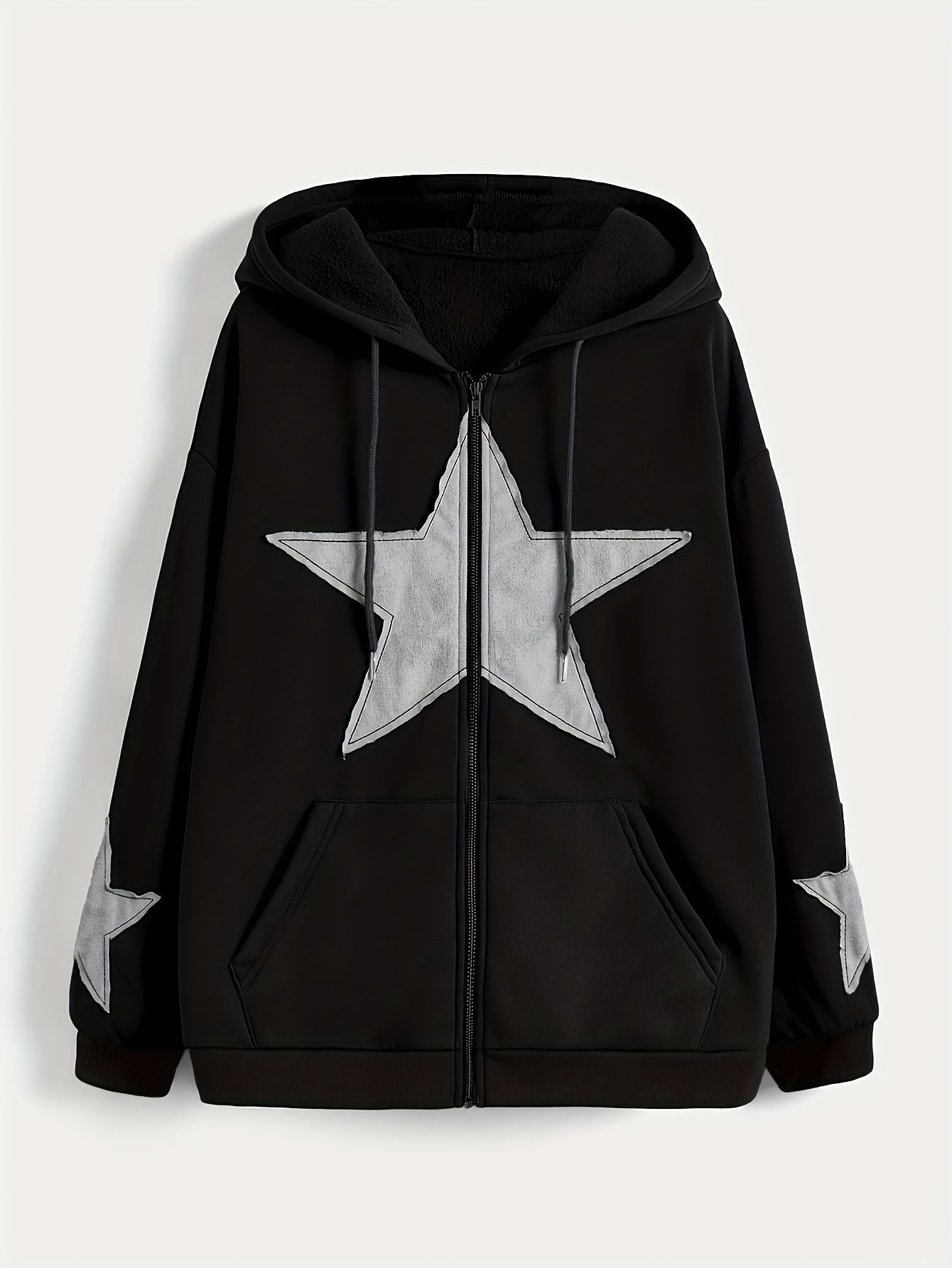 Unisex Kapuzenjacke mit Reißverschluss, Oversize, Stern-Applikationen, Kordelzug, Kängurutaschen