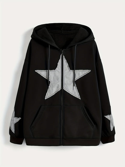 Unisex Kapuzenjacke mit Reißverschluss, Oversize, Stern-Applikationen, Kordelzug, Kängurutaschen