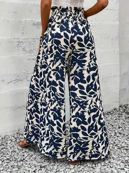 Women's Wide-Leg Pants with Paperbag Waist and Tropical Leaf Print – Perfect for Summer, Leisure & Vacation