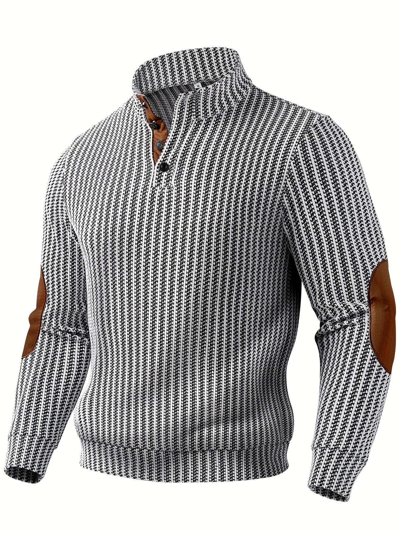 Men's turtleneck sweater with half-button closure and elbow patches, White Black