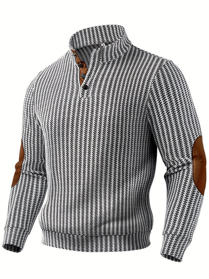 Men's turtleneck sweater with half-button closure and elbow patches, White Black