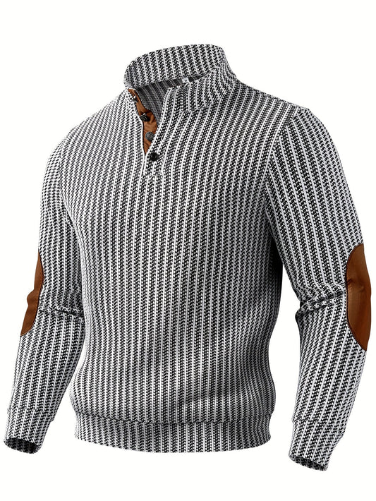 Herren Rollkragenpullover mit halbem Knopfverschluss und Ellenbogenpatches Weiß Schwarz