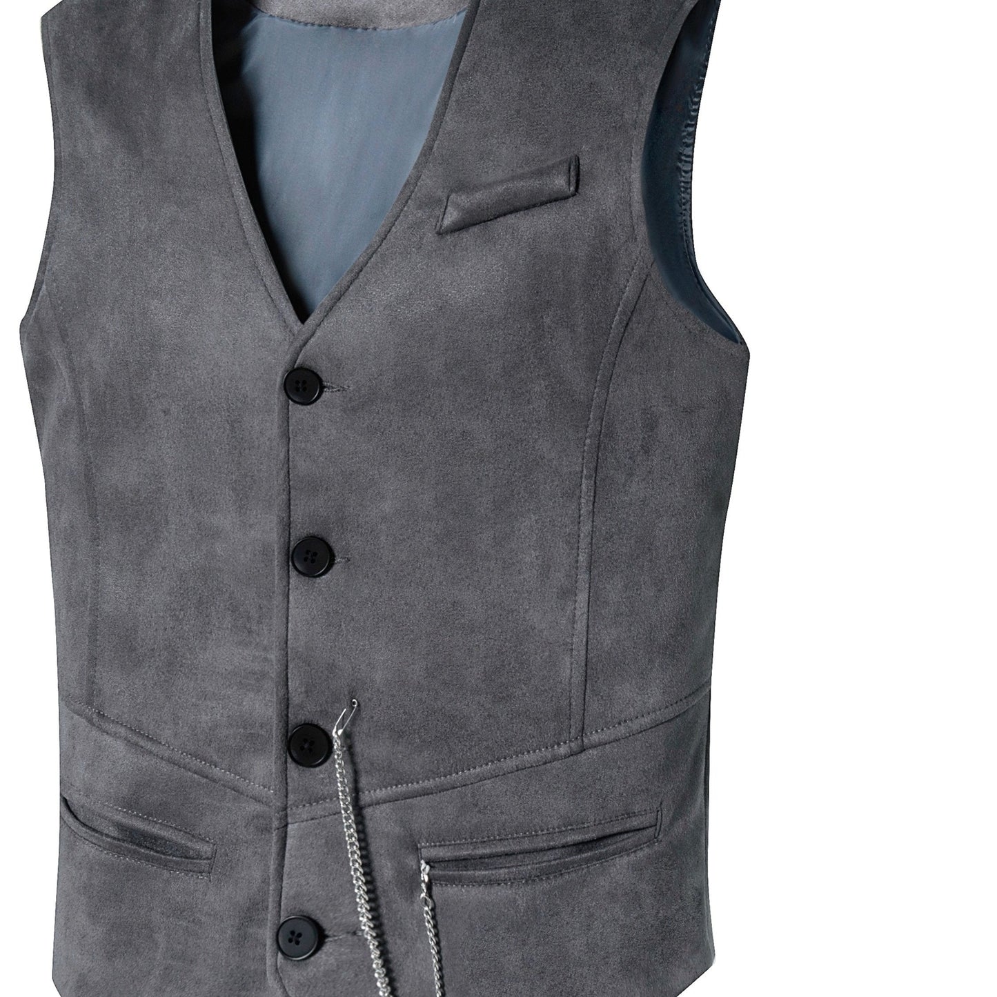 Men's vest with V-neck, button placket, and chain detail