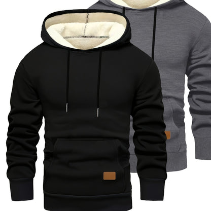 2-pack of men’s hooded sweatshirts, fleece-lined, with kangaroo pockets and drawstrings, black & dark gray