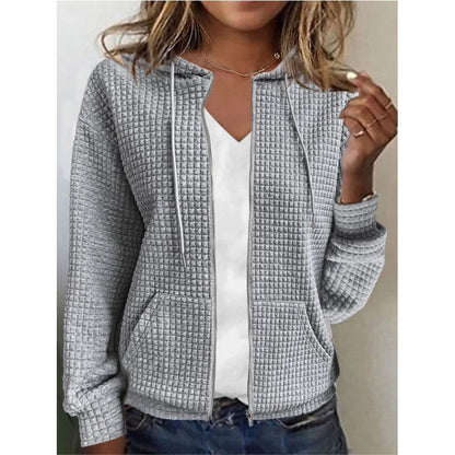 Linda – Langer Damen Cardigan mit Reißverschluss und Kapuze