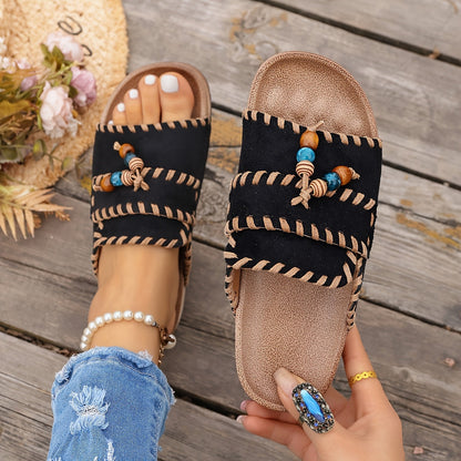 Women's Boho Slide Sandals with Beads and Embroidery – Summer Casual Shoes