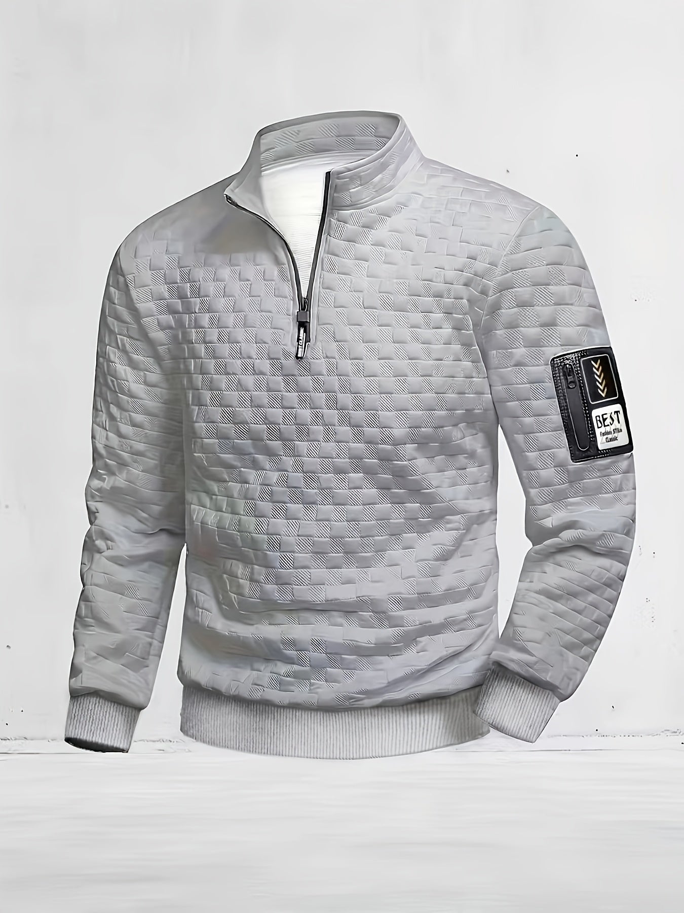 Stehkragen Pullover Herren mit Reißverschluss, gesteppt, einfarbig