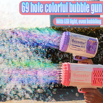 Kids Bazooka Bubble Gun – Electric Soap Bubble Pistol with 69 Nozzles, Rechargeable, for Boys and Girls, Outdoor Toy