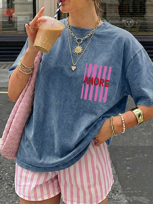 Women's Oversize Casual T-Shirt with 'AMORE' Print and Stripes – Summer Streetwear