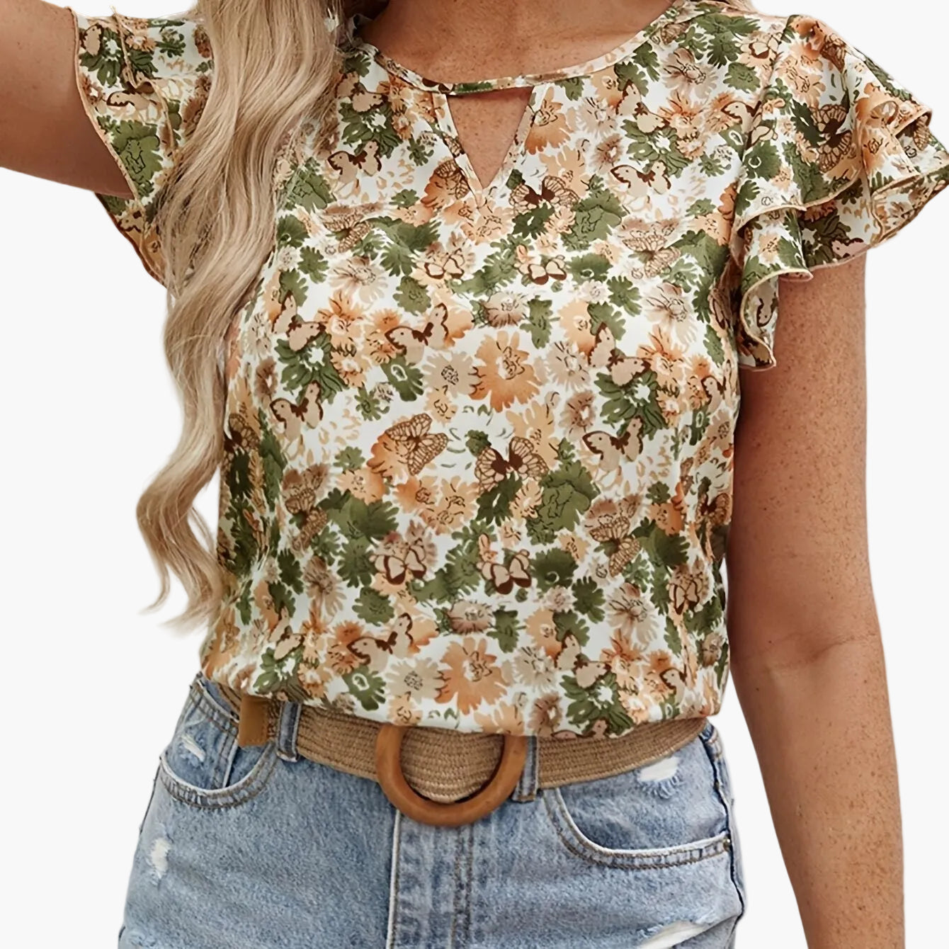 Women's Elegant Blouse with Floral Pattern and Ruffled Sleeves – Summer Casual Top