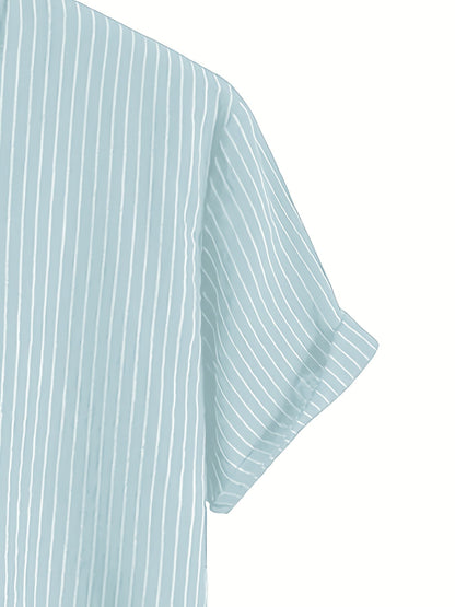 Men's Casual Short-Sleeve Shirt with Stand-Up Collar and Button Placket – Striped Regular Fit Summer Shirt