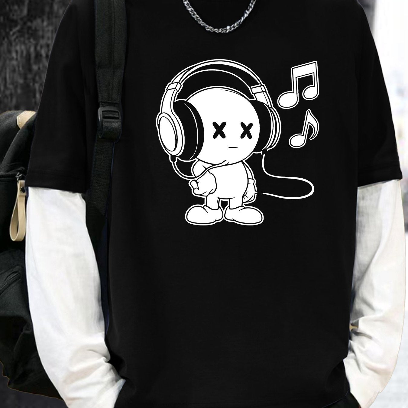 Unisex Langarmshirt mit Cartoon-Kopfhörer-Print in Layer-Optik