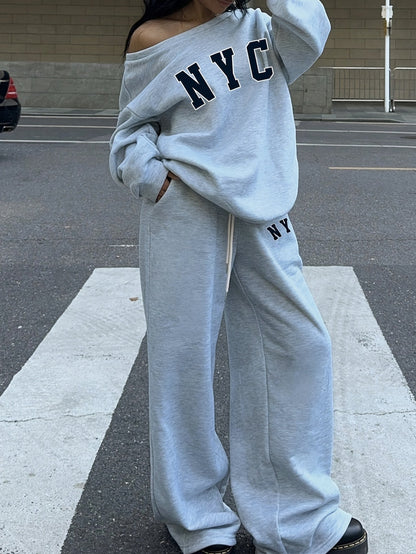 Gray women's tracksuit, wide-leg, “NYC” print, oversized fit